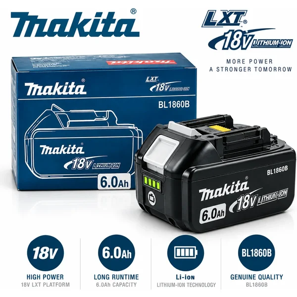 Makita BL1860B 18V 6,0Ah Lithium-Ionen-Akku Ersatz-LXT-Akkupack Hochkapazitäts-Akku für Elektrowerkzeuge Kompatibel mit Makita 18V Akku-Bohrschrauber, Schlagschrauber, Schleifer, Säge EU-Lager