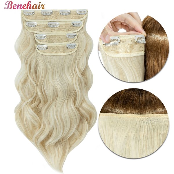 Benehair 22 Zoll gerade Clip-in-Haarverlängerung für den ganzen Kopf, 4 Stück, hitzebeständig, synthetisches Haar, Clip-in-Haarverlängerung, Blond/Highlights