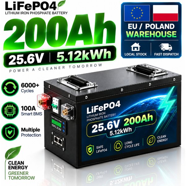 LiFePO4-Batterie 12,8V 25,6V 51,2V 100Ah 120Ah 200Ah Lithium-Eisenphosphat-Batterie mit Smart BMS 6000+ Tiefzyklen für Solarenergiespeicherung, Wohnmobile, Marine, USV-Backup-Stromversorgung, EU- und