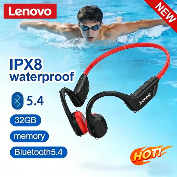 Słuchawki Lenovo z przewodnictwem kostnym Bluetooth 5.4 z mikrofonem, wodoodporne, do ćwiczeń, fitnessu, bezprzewodowe, do pływania, sportowe, nowe 2026
