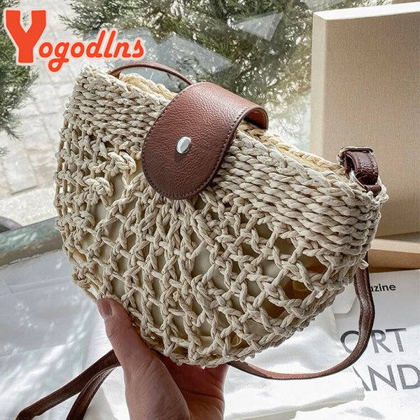 Yogodlns Sommer Stroh Tasche Für Frauen Mode Halbkreis Umhängetaschen Rattan Handgemachte Messenger Handtasche Reise Strand Taschen Tote