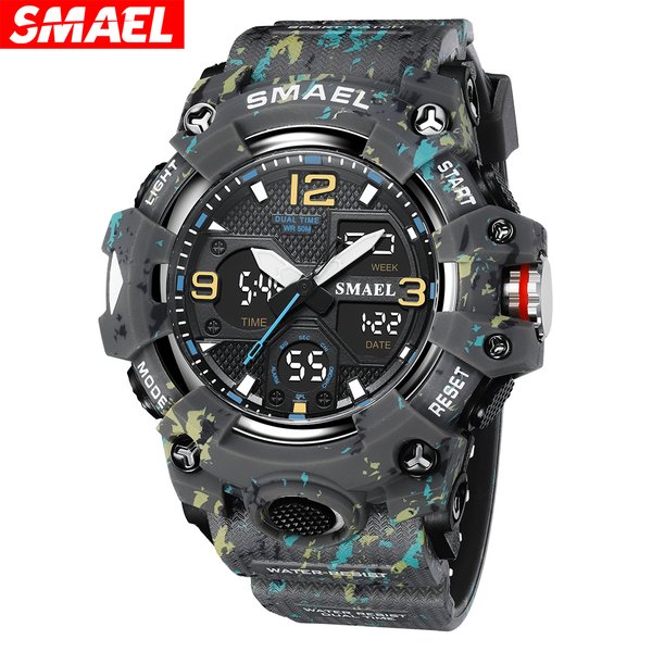 SMAEL Männlichen Sport Militär Uhren Camouflage Stil Wasserdichte Uhr Alarm Stoppuhr Quarz Dual Time Display Armbanduhr für Männer
