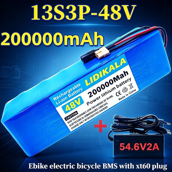 N48V 200Ah Lithium-Akkupack 13S3P 18650 Wiederaufladbarer Akku mit Smart BMS 54,6V Ladegerät für Elektroroller und Fahrräder EU-Lager