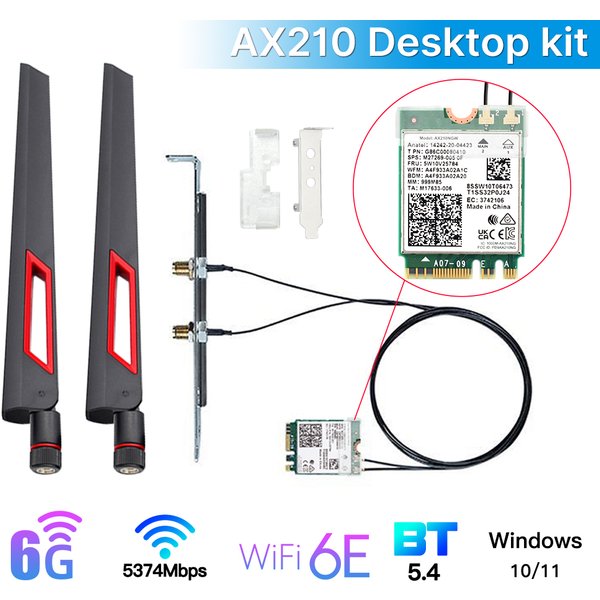 Tri Band WI-FI 6E Intel AX210 Bluetooth5.4 5374Mbps M.2 Wireless WiFi Card AX210NGW 2.4G/5G/6G 802.11ax With Antenna Kit Win11