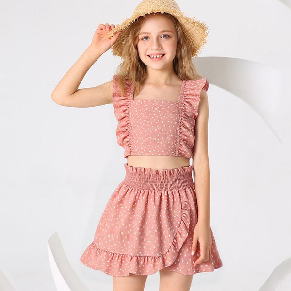 Ensemble haut et jupe rouge à manches volantes pour fille de 5 à 12 ans, haut à col carré et jupe rouge, élégant, vacances d'été, fête, quotidien, décontracté