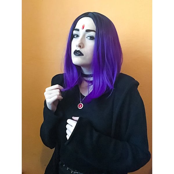 Perruques de Cosplay Teen Titans Raven 35cm Bob violet court résistant à la chaleur synthétique partie centrale de perruque de cheveux