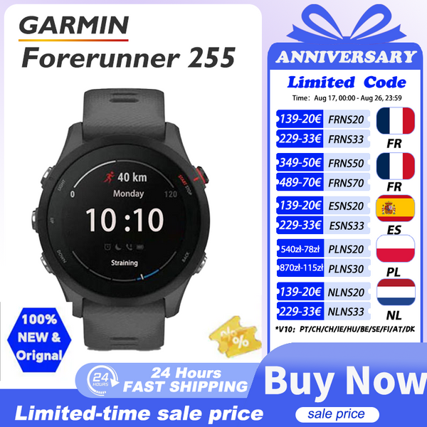 Montre Garmin Forerunner 255, montre connectée sportive Garmin, 46 mm, écran couleur 1,3'', autonomie de 14 jours, 4 Go de RAM, NFC, Bluetooth, Wifi, étanche 5 ATM