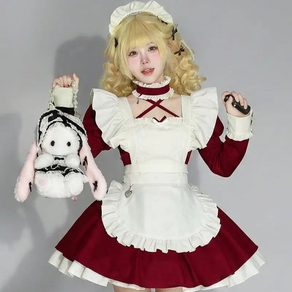 Niedliches Spitzen-Bubble-Ärmel-Dienstmädchen-Cosplay-Kostüm Schürze Lolita-Kleid-Set Kopfbedeckung Themenparty Rollenspiel-Outfits für Erwachsene Frauen