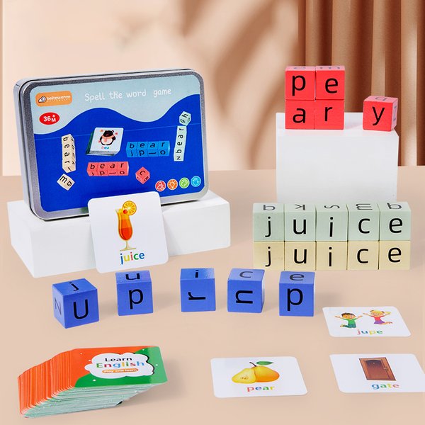 Spell The Word Game, Wooden Reading Building Blocks with 54 Cards, Montessori Alphabet Learning Toy