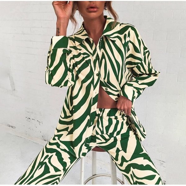 2022 Cross Border Hot Edition Street Trendy Print Trouser Set Long Sleeve Full Screen Print Off Shoulder Shirt Set