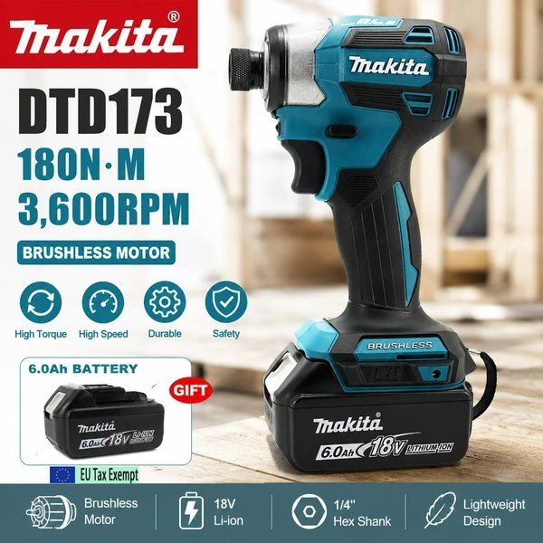 Makita DTD173 18V LXT Akku-Schlagschrauber Bürstenloser Elektrobohrer Schraubendreher Holz/Bolzen T1/T2-Modus Doppel-LED-Licht 180 N·m + Makita DTD173 18V Akku-Schlagschrauber LXT BL Bürstenloser