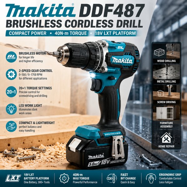 Original Makita 18V LXT Akku-Bohrschrauber DDF487 Bürstenloser Hochleistungs-Bohrschrauber + BL1860B BL1840 Akku-Set Professionelles Werkzeug EU Schnelle Lieferung