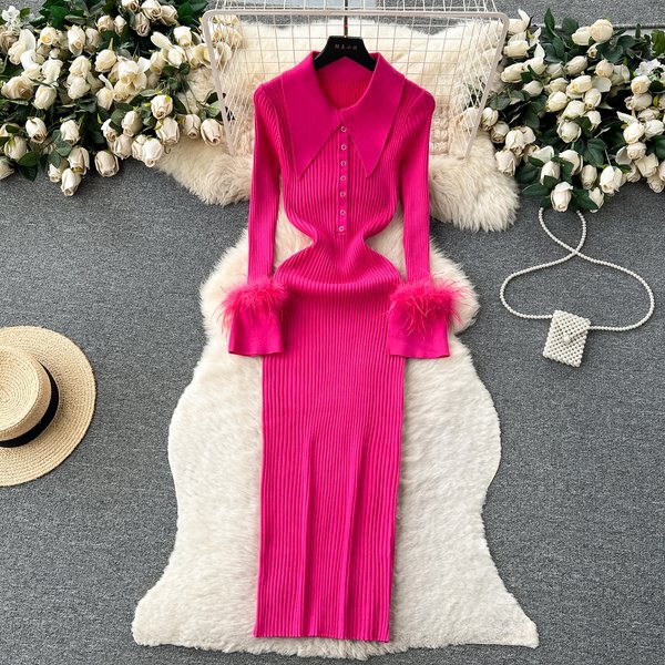 YuooMuoo Women Dress 2026 Autumn Winter Elegant Fur Long Sleeve Knitted Sweater Dress Chic Lady Wrap Hips Bodycon Long Vestidos