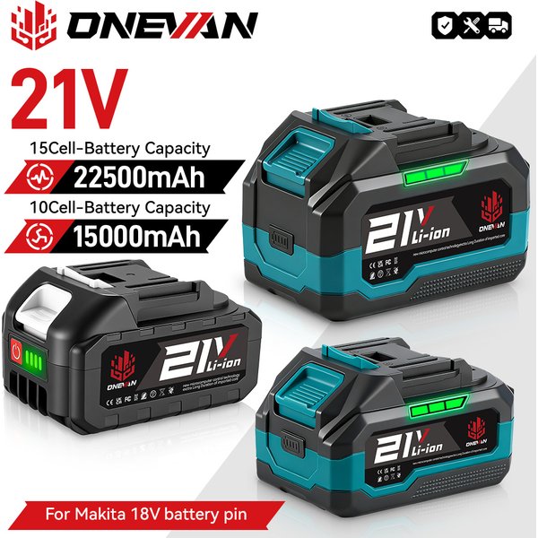 Batterie lithium-ion rechargeable ONEVAN 15000mAh 22500mAh avec indicateur de batterie, clé à chocs, outil électrique pour batterie Makita 18V