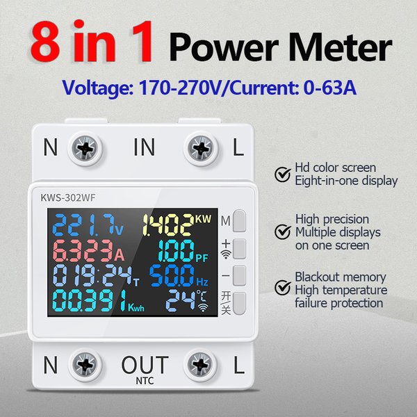 Compteur de puissance 170-270V/63A, écran couleur 8 en 1, voltmètre de puissance d'énergie ca multifonction, ampères de tension, Watt, Kwh, contrôle à distance