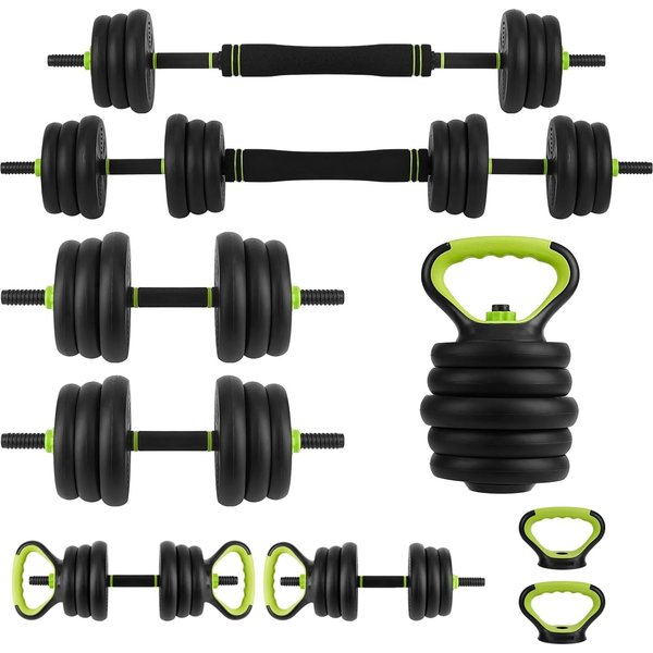 4-in-1 Komplett-Kraftset 20 kg: Verstellbare Kurzhantel, Langhantel, Kettlebell & Push-up-Griffe – kompakt, leise & rutschfest für Ihr Home Gym