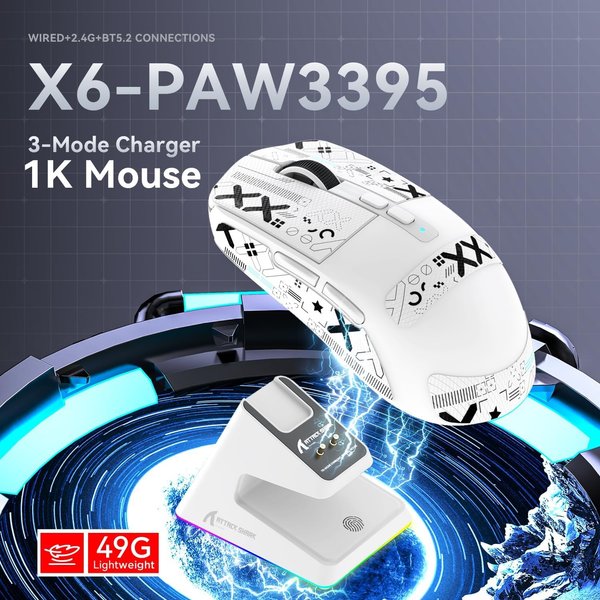 ATTACK SHARK X6 Leichte kabellose Gaming-Maus mit RGB-Hintergrundbeleuchtung, Ladestation, Tri-Mode, 26K DPI, PAW3395 optischer Sensor