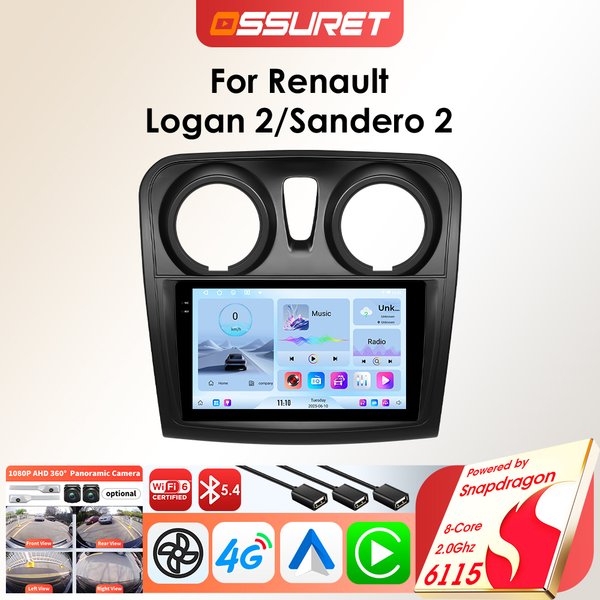 OSSURET Android-Autoradio für Renault Logan 2 Sandero 2 2012–2019 Auto-Multimedia-Player 8-Kern-GPS-Autoradio von Snapdragon 6115