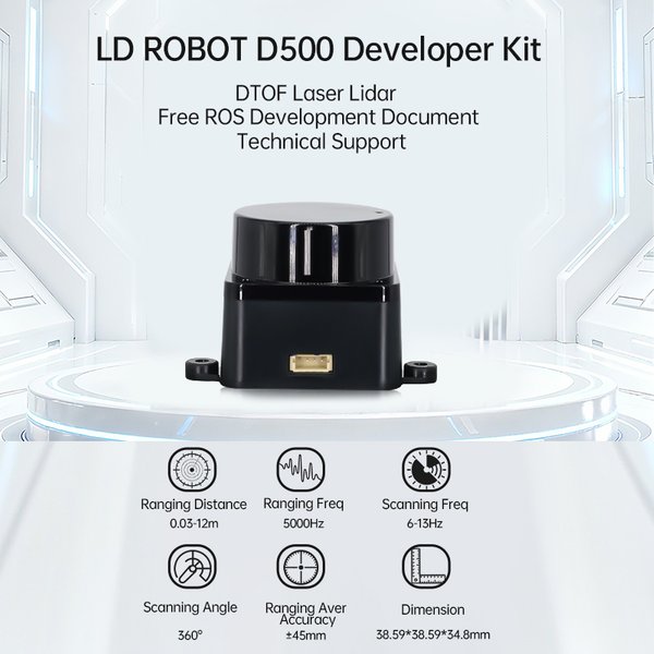 Kit lidar LDROBOT D500, scanner radar laser DTOF 360° ° 30000Lux 5000Hz prend en charge ROS1 ROS2 pour l'intérieur et l'extérieur