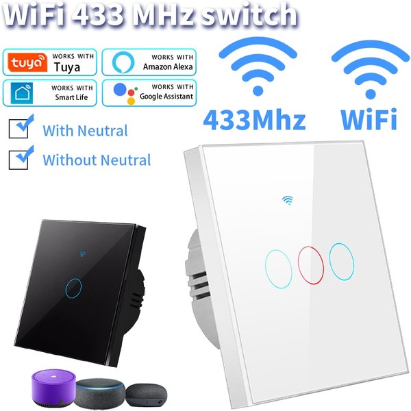 Works With Tuya WiFi Smart Switch Alexa No Neutral Wire Wireless RF433Mhz Remote Wall Touch Sensor Lightes Switch 1/2/3Gang