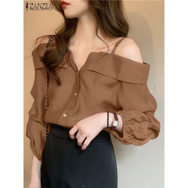 ZANZEA 2025, Mode-Hemden für Damen, sexy, schulterfrei, Bluse, Sommer, lässig, Träger, Knopf, Tops, Langarm, plissiert, solide, lose Tunika