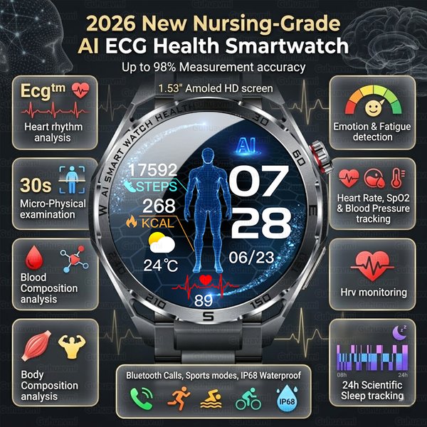 Nouvelle Montre Connectée IA ECG de Qualité Médicale 2026, Écran Saphir 1,53'', Moniteur Fréquence Cardiaque, Lipides Sanguins, Acide Urique, Appel Bluetooth