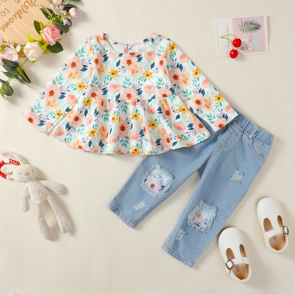 1-4 Years Kids Girls Suit Long Sleeve Flower Ruffle Tops+Elastic Waist Denim Pants 2pcs Set Toddler Girl Clothes Spring Outfit