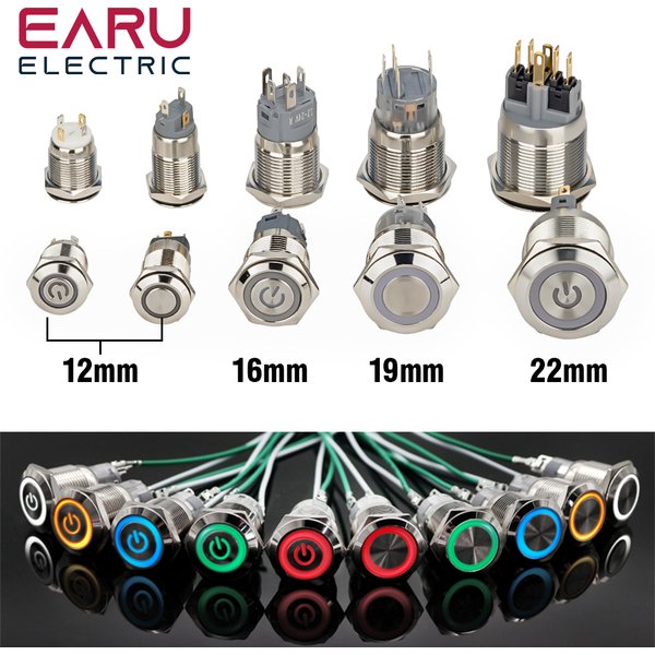 12/16/19/22mm Wasserdichte Metall Druckschalter LED Licht Momentary Rast Auto Motor Netzschalter 5V 12V 24V 220V Rot Blau