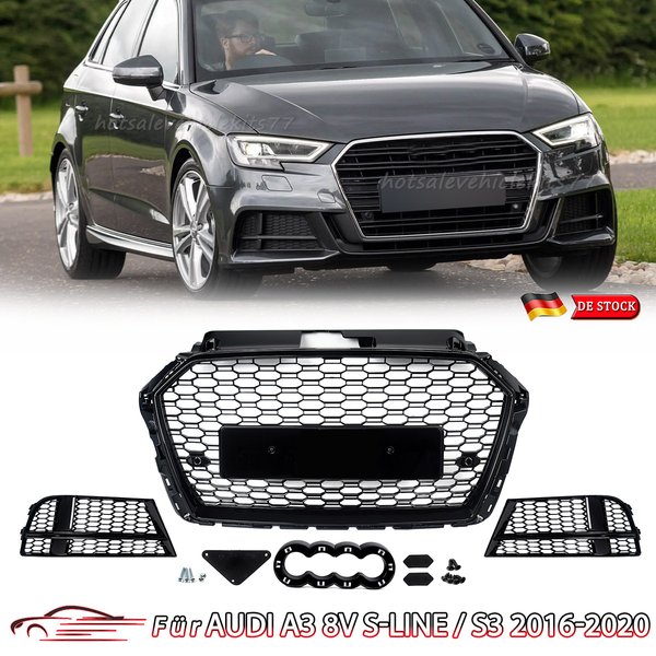 Frontstoßstangen-Rennkühlergrill für Audi A3 8V S-Line S3 8VA 8VF Limousine Cabrio 2017~2019 Nebelscheinwerfergitter Wabenmuster Hochglanz Schwarz ABS