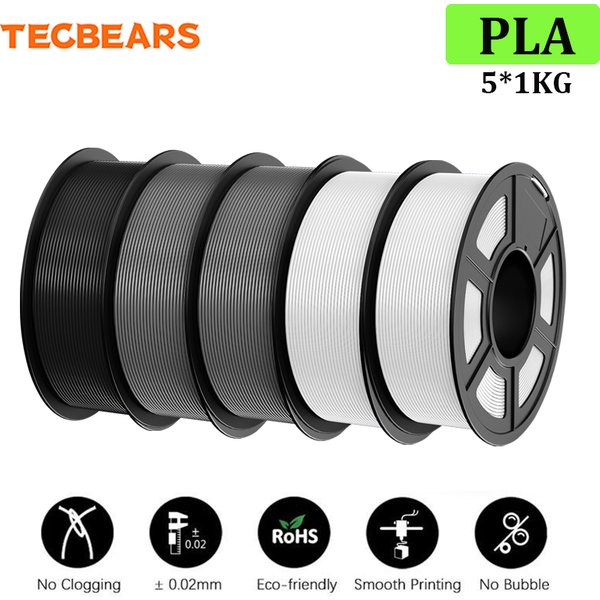 TECBEARS 3D-Filament 1,75mm PLA/PLA+/PETG/HSMPETG/ABS 5KG Sauber Gewickelt Schwarz/Weiß/Grau FDM 3D-Drucker Materialien DIY Geschenk