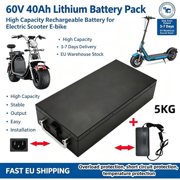2026 Neuer 60V 40Ah Lithium-Akku mit Ladegerät, Hochleistungs-Lithium-Ionen-Akku, BMS-Schutz, für Elektroroller, E-Bike, Motorrad, Lager in Polen, 3-7 Tage EU-Lieferung