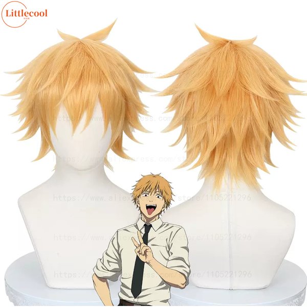 Hochwertige Denji Cosplay Perücke, kurz, geschichtet, goldenes hitzebeständiges Kunsthaar, Halloween, Karneval, Anime-Perücken + Perückenkappe