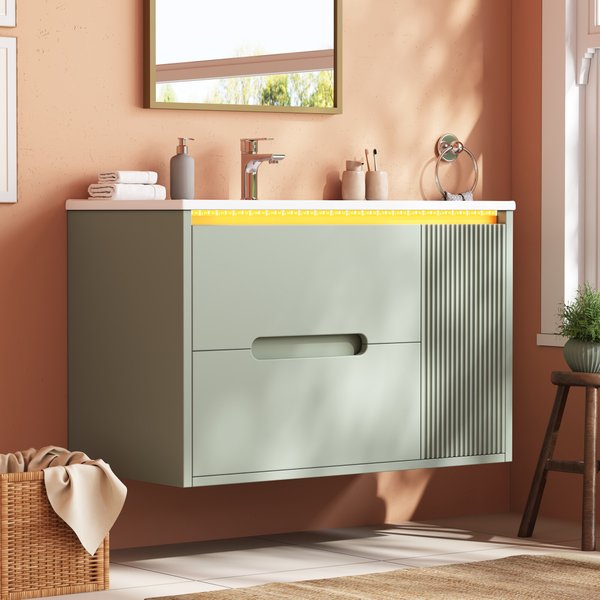 Modern Floating Wall Hung Bathroom Vanity Unit, 81cm Wash Basin Cabinet with Integrated Ceramic Sink, Soft Close Silent Hinges, Adjustable Inner Shelves, Storage Drawers & Cabinet Doors, Wall Mounted