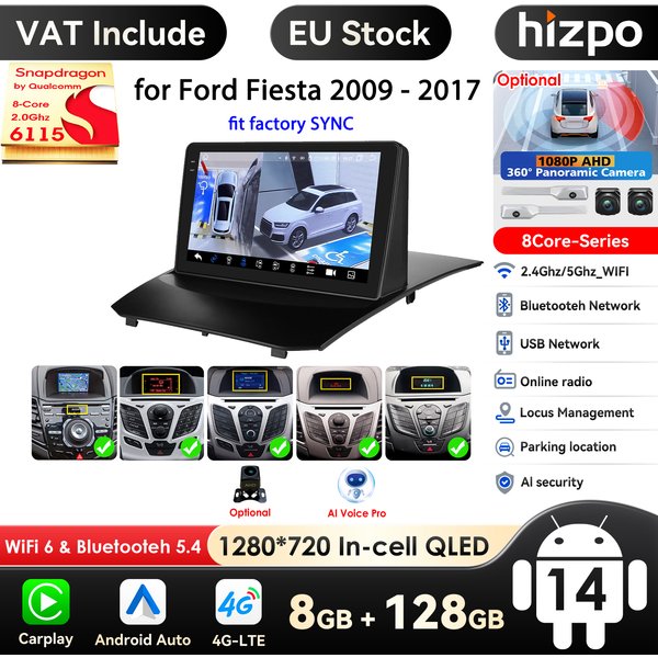 Autoradio Android avec Écran QLED de 9 Pouces et Navigation GPS pour Voiture Ford Fi.C. (2009-2017), Carplay, 4G, RDS AI, Lecteur Vidéo, 2Din
