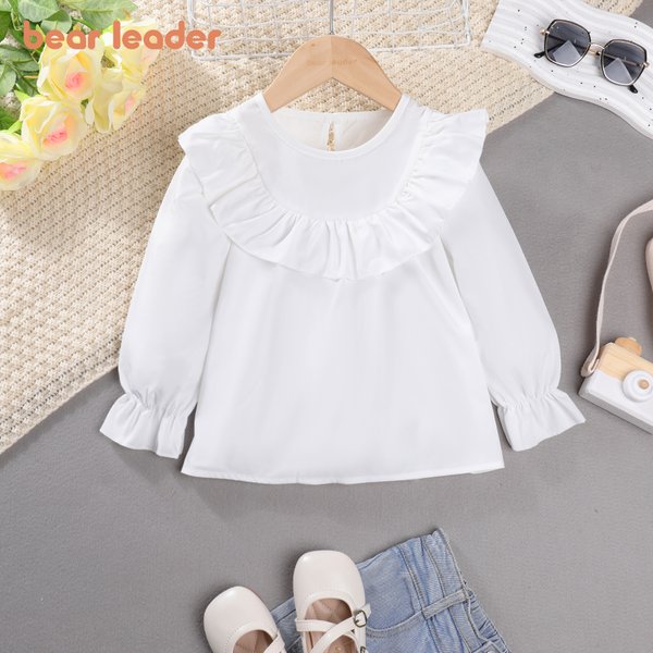 Bären führer Mädchen Frühling & Herbst Top neue gekräuselte Rundhals-Top Mode vielseitige Langarm Top Mode Kinder kleidung