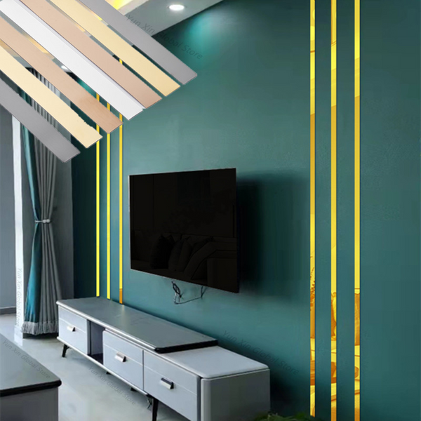 Nouveau 1 rouleau d'autocollants de miroir de ligne de bord de bande décorative d'acier inoxydable pour le fond mural plafond ligne de taille autocollant de carrelage d'avion