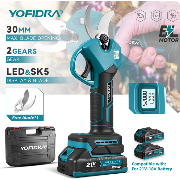 YOFIDRA 30mm Bürstenlose elektrische Gartenschere mit 2 Gängen, wiederaufladbar, für Bonsai, kompatibel mit Makita 21V Akku.