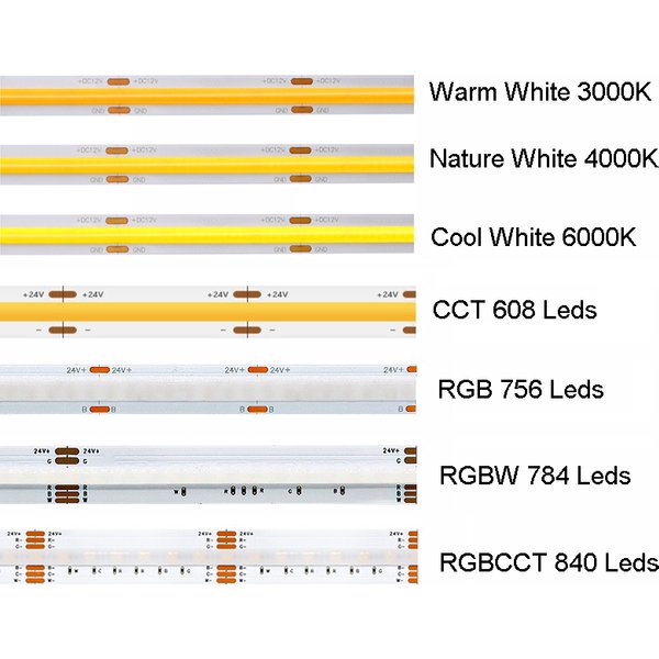 5m COB RGB CCT RGBW chaud naturel blanc froid bandes LED DC12V/ 24V Flexible haute luminosité sans points coloré LED bande barre lumineuse RA90