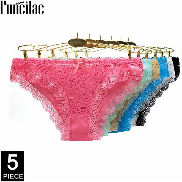Culotte taille basse en coton pour femme, sous-vêtement sexy en dentelle sur le devant, 5 pièces/ensemble