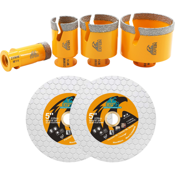 EXFEIN Diamant-Lochsägen-Set 6-teilig 25/35/50/68mm Bohrer M14 Gewinde 125mm Fliesensägeblatt zum Bohren und Schneiden von Fliesen, Porzellan, Keramik, Granit, Kunststein