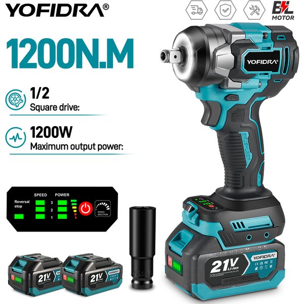 YOFIDRA 5-Gang 1200N.M Drehmoment Bürstenloser Elektroschrauber Kabelloser Auto-Schraubendreher Haushalts-Elektrowerkzeug für Makita-Akkus