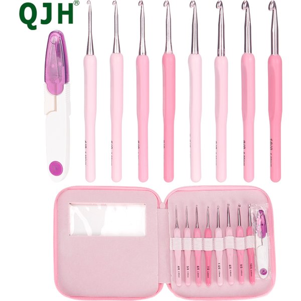 QJH Crochet Set - 10 pièces, crochets ergonomiques avec protecteurs, adaptés aux mains arthritiques, avec sac de rangement et ciseaux