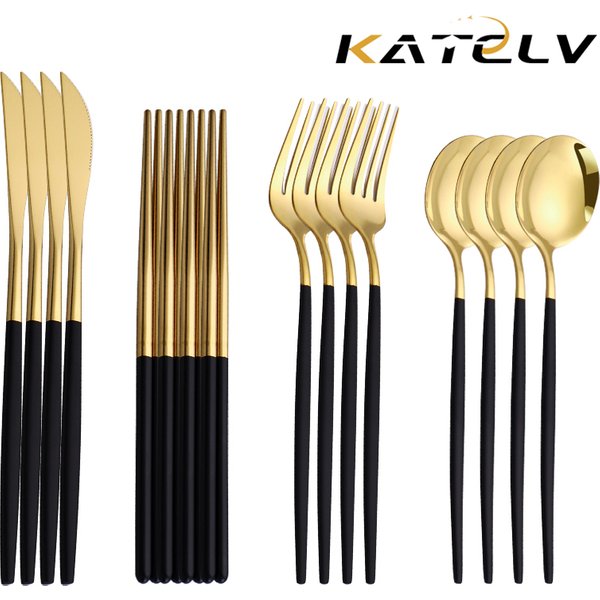 12-16 Stück koreanisches Geschirrset Schwarz gold Besteckset Essstäbchen Messer gabel Löffel goldenes Edelstahl Luxus geschirrset