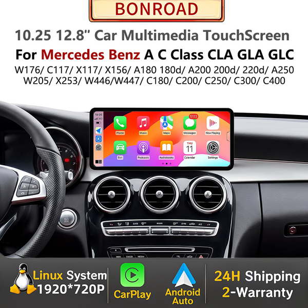 Bonroad 10.25/12.8'' Wireless Carplay Android Auto Multimedia Screen for Mercedes Benz a C Class W176 W205 Cla C117 Gla X156 Glc X253 W447