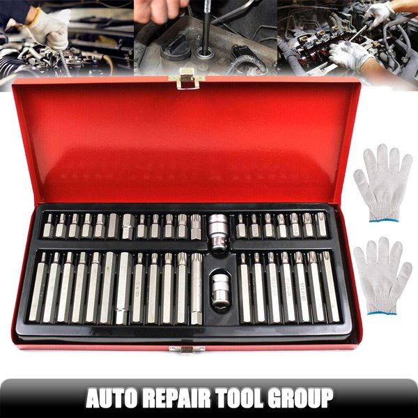 40-teiliges Torx-Sechskant-Steckschlüssel-Set mit 1 Paar Arbeitshandschuhen, CR-V Stahl-Bits mit roter Metall-Aufbewahrungsbox, professionelles Auto-Reparatur-Mechaniker-Werkzeugset, kompatibel mit