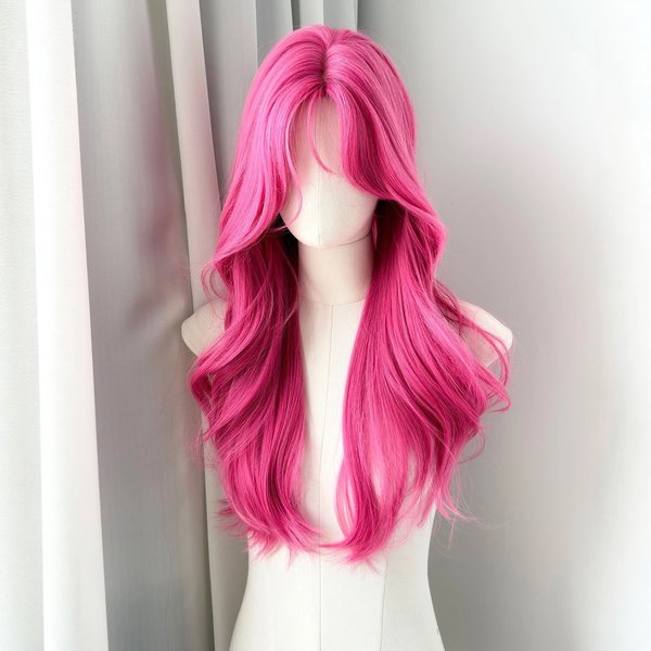 Perruque ondulée rose vif pour femmes, longue, avec des ondulations naturelles, 24 pouces, avec bandeau et raie au milieu, perruque synthétique à la mode pour cosplay et usage quotidien.