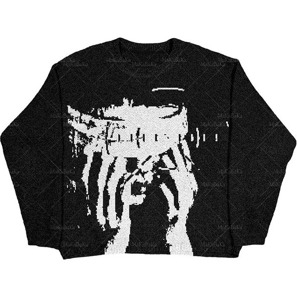 New Hip Hop Streetwear Knitted Sweater men Gothic portrait Print Pullover autumn Harajuku Cotton sweater women Oversized Sweater