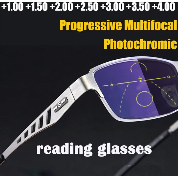 Lunettes de lecture multifocales photochromiques pour hommes, réglage 2025, lunettes d'affaires progressives Anti-rayons bleus, demi-monture + 1.0-3.5