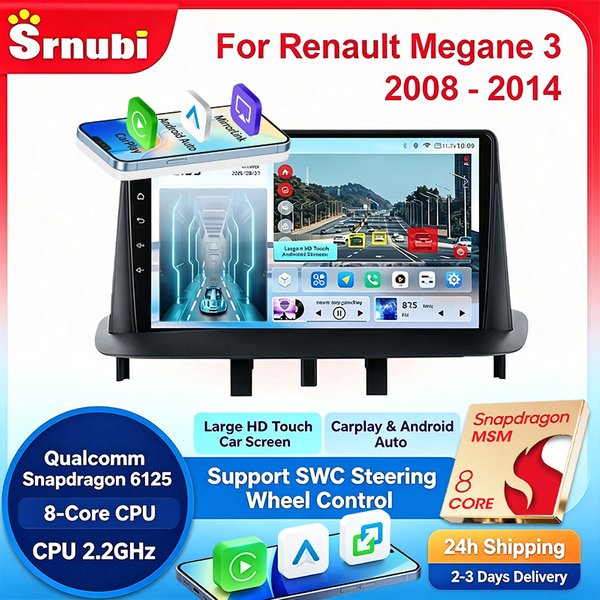 „Srnubi 2Din Autoradio für Renault Megane 3 2008-2014 Multimedia-Player mit kabellosem CarPlay, Android Auto und Navigationssystem“