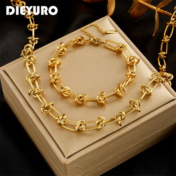 DIEYURO 316L acier inoxydable or argent couleur torsion noeud collier Bracelets pour femme fille nouvelle mode ne se décolore pas ensemble de bijoux